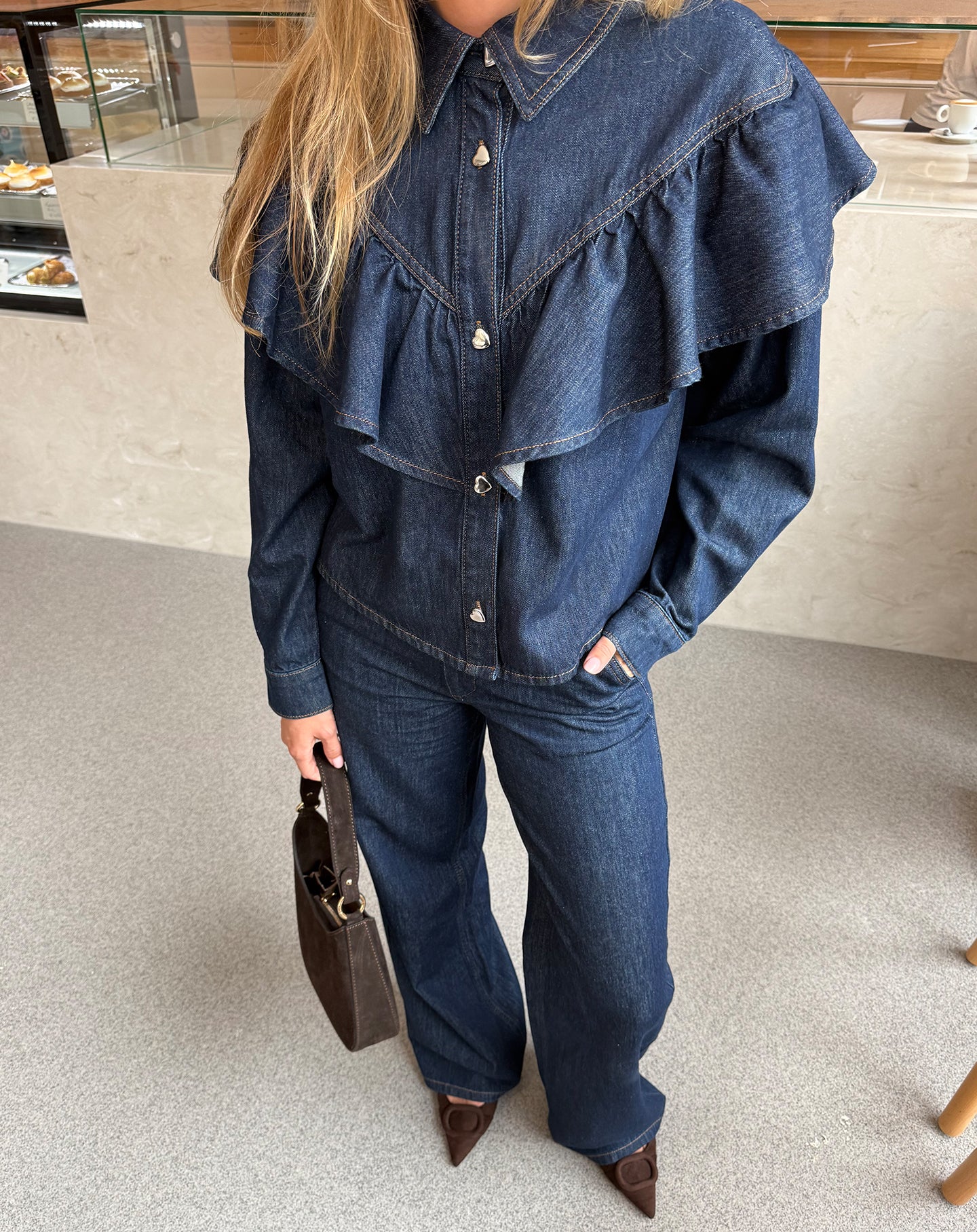 RUFFLE DENIM BLOUSE DARK BLUE