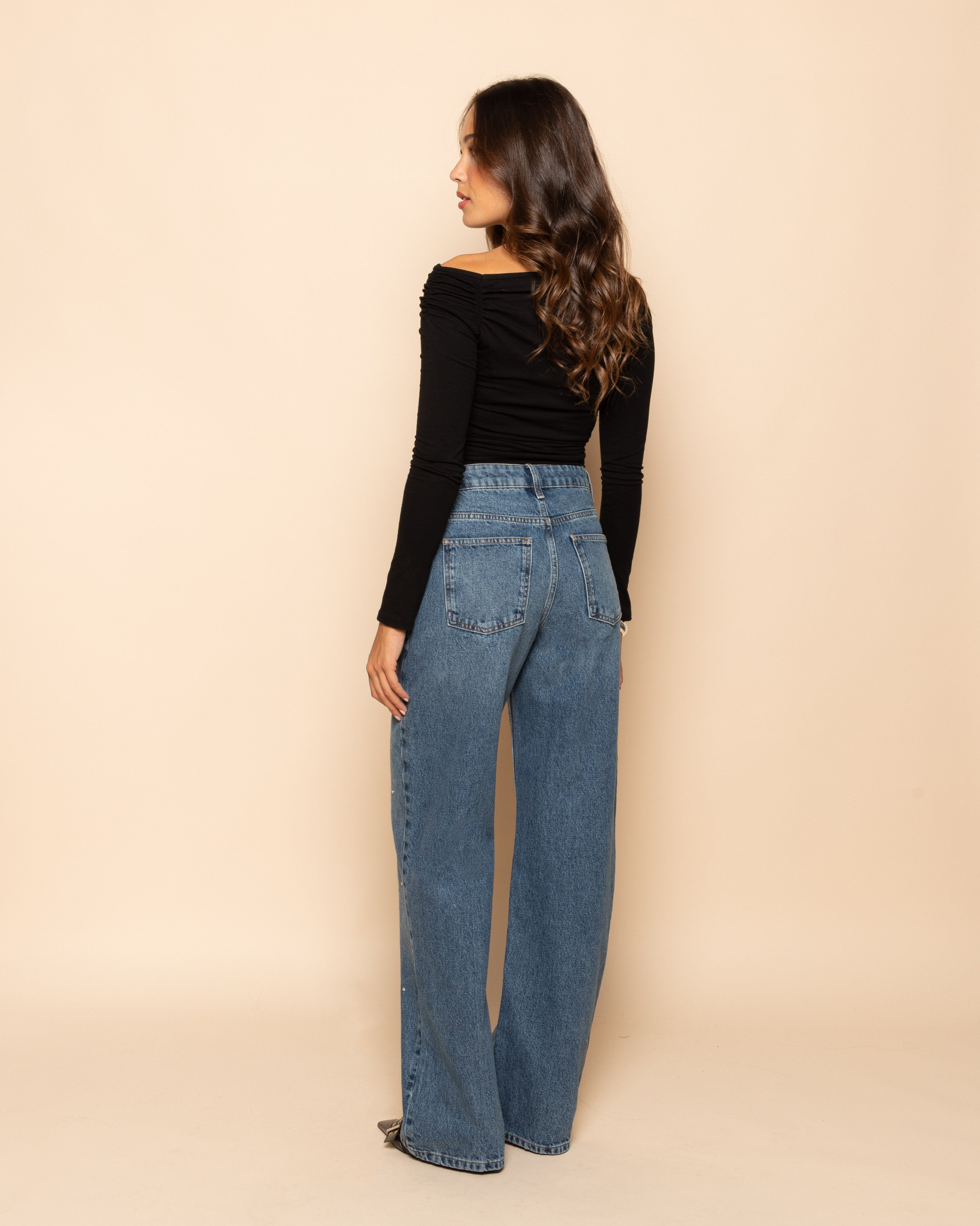 STUD PEARL STRAIGHT LEG JEANS BLUE