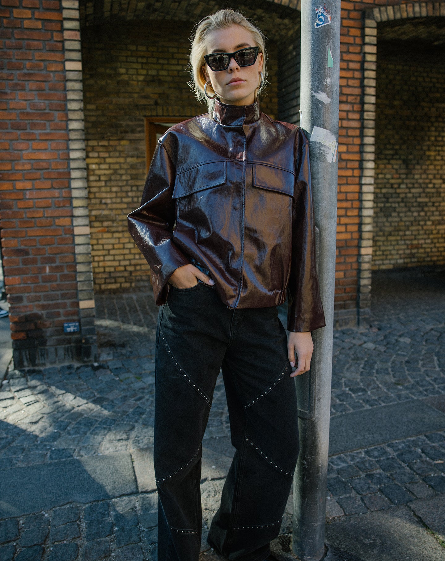 VICKY STUD WIDE LEG JEANS DONKERGRIJS