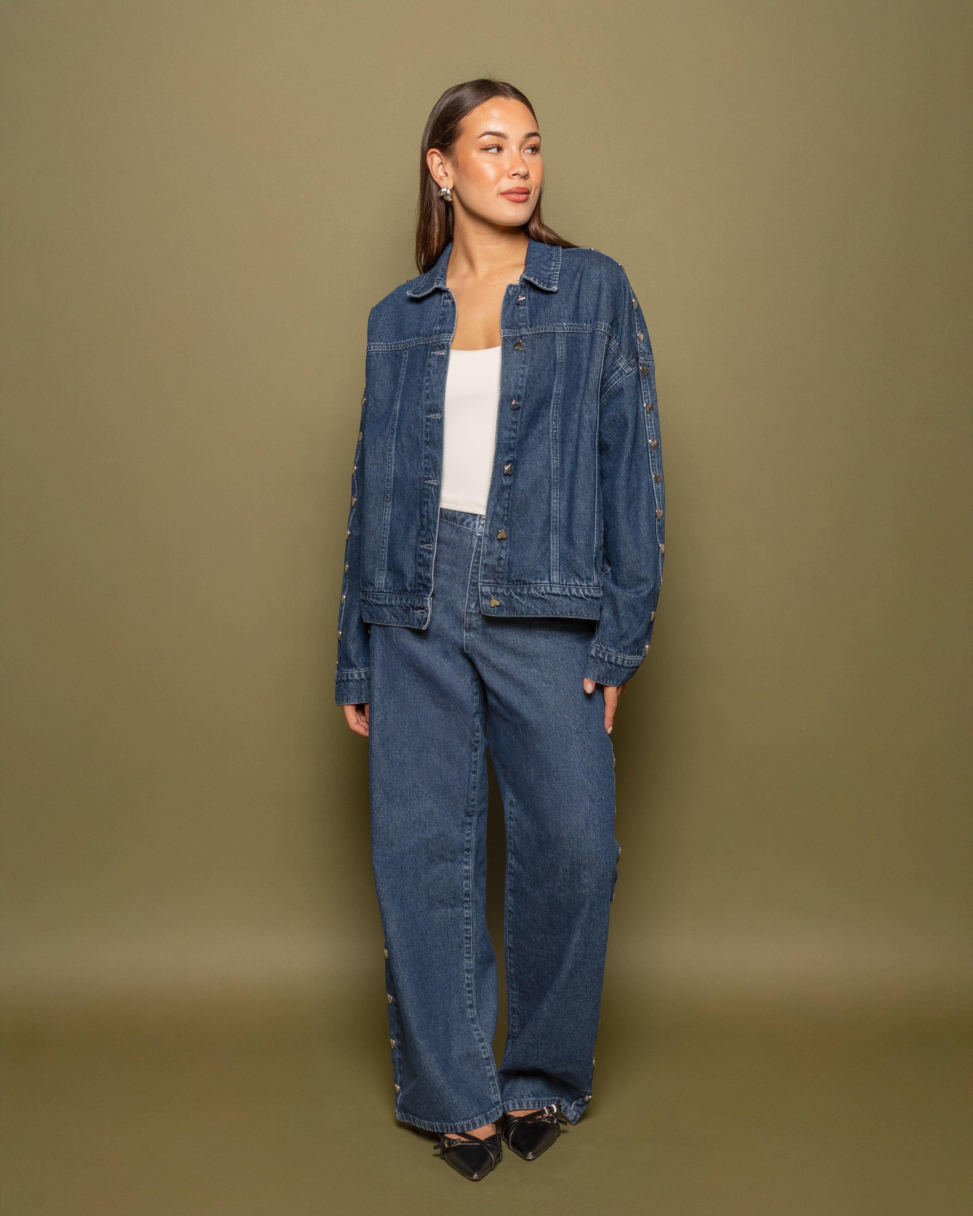 STUD HEART WIDE LEG JEANS DONKERBLAUW