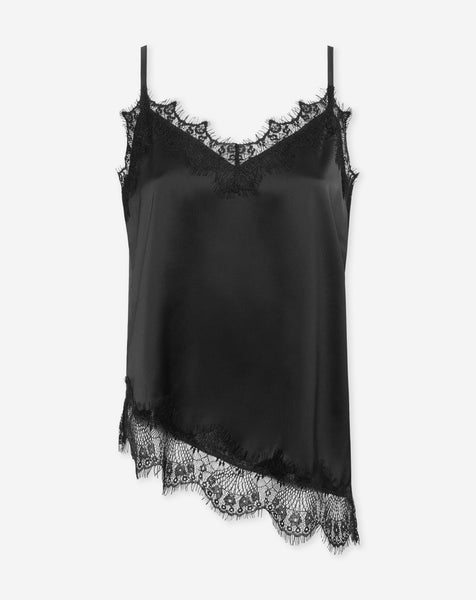ASYMMETRIC SATIN LACE CAMI TOP BLACK | Most Wanted