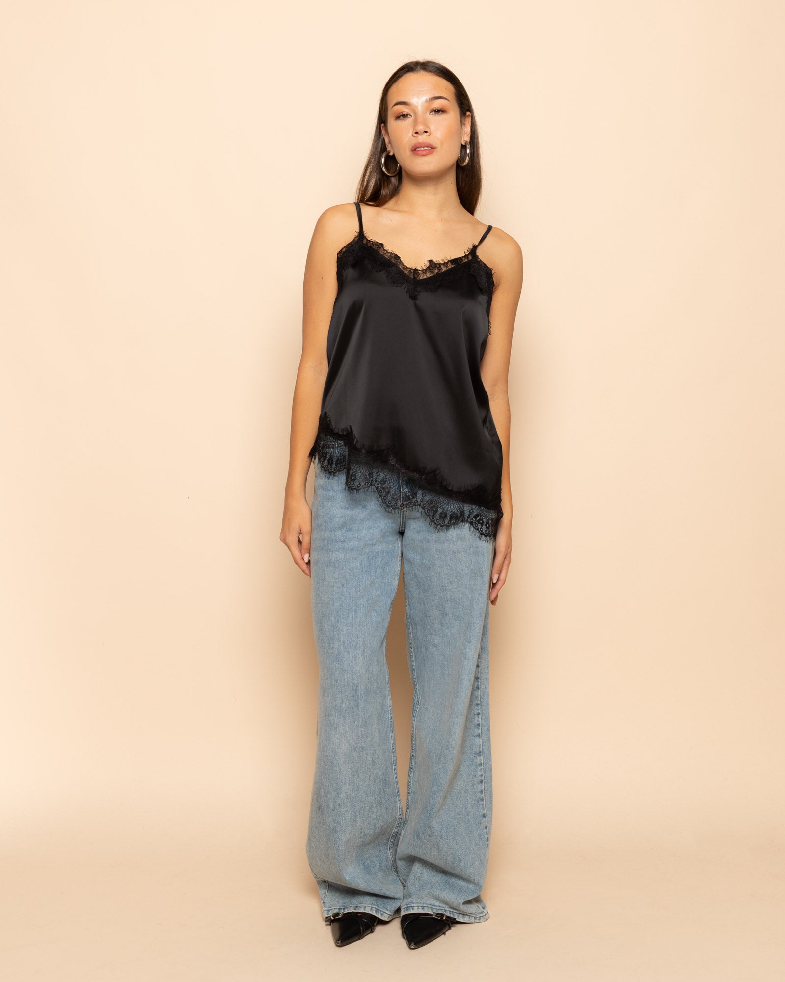 ASYMMETRIC SATIN LACE CAMI TOP BLACK