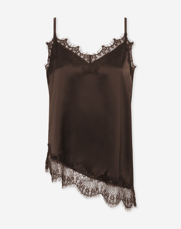 ASYMMETRIC SATIN LACE CAMI TOP BRUIN