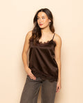 ASYMMETRIC SATIN LACE CAMI TOP BROWN