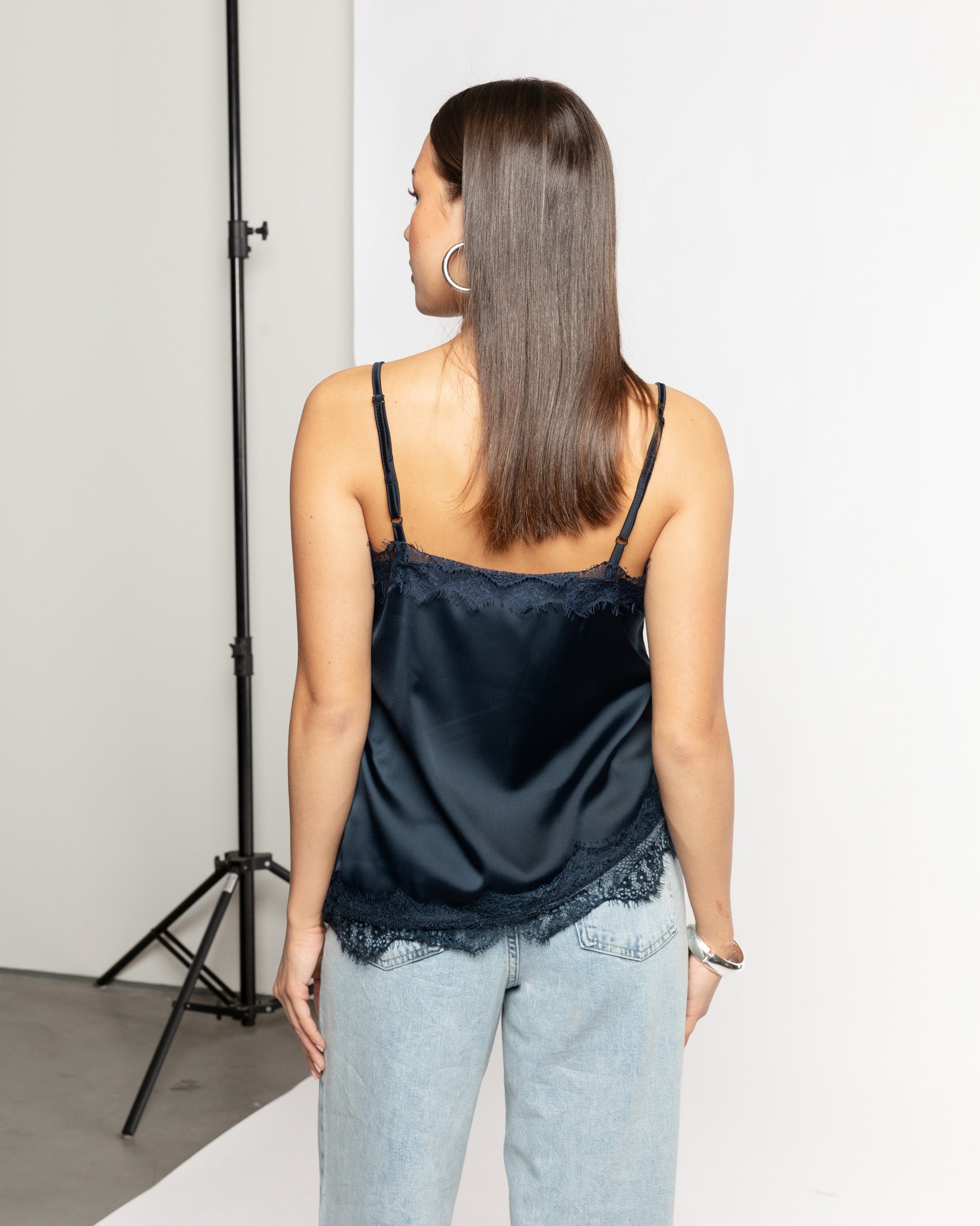 ASYMMETRIC SATIN LACE CAMI TOP NAVY | Most Wanted