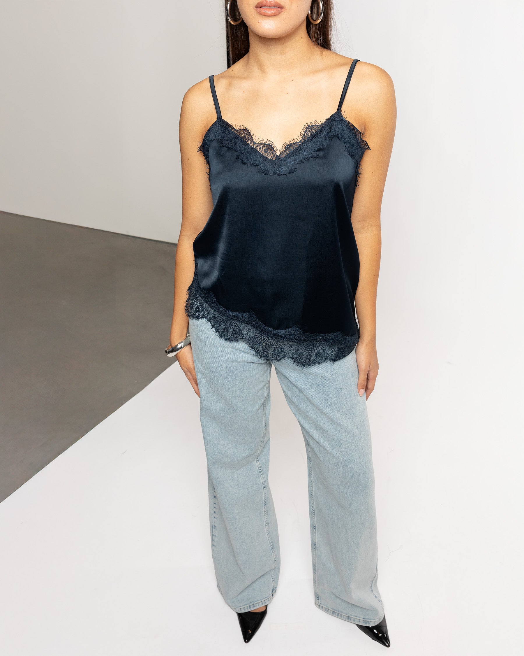 ASYMMETRIC SATIN LACE CAMI TOP NAVY | Most Wanted