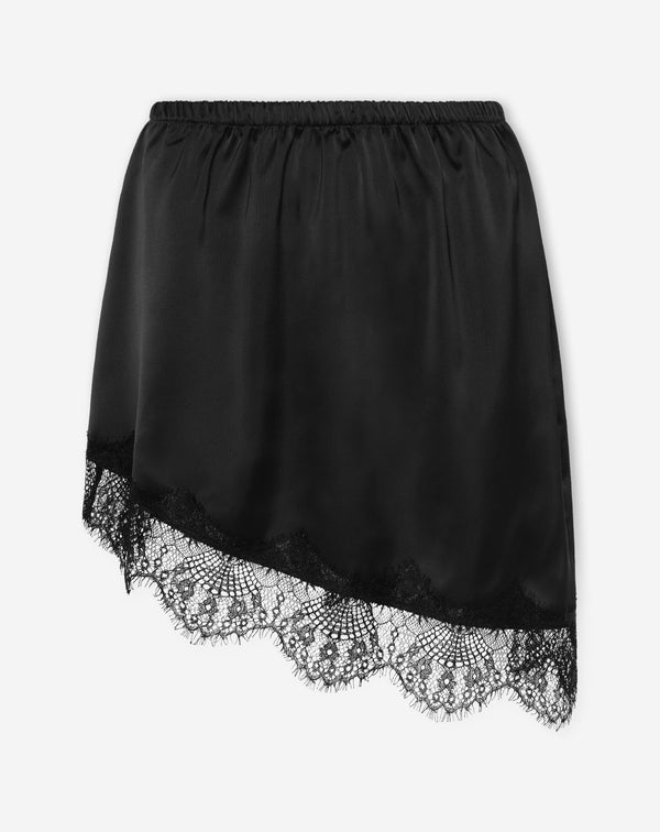 ASYMMETRIC SATIN LACE SKIRT BLACK