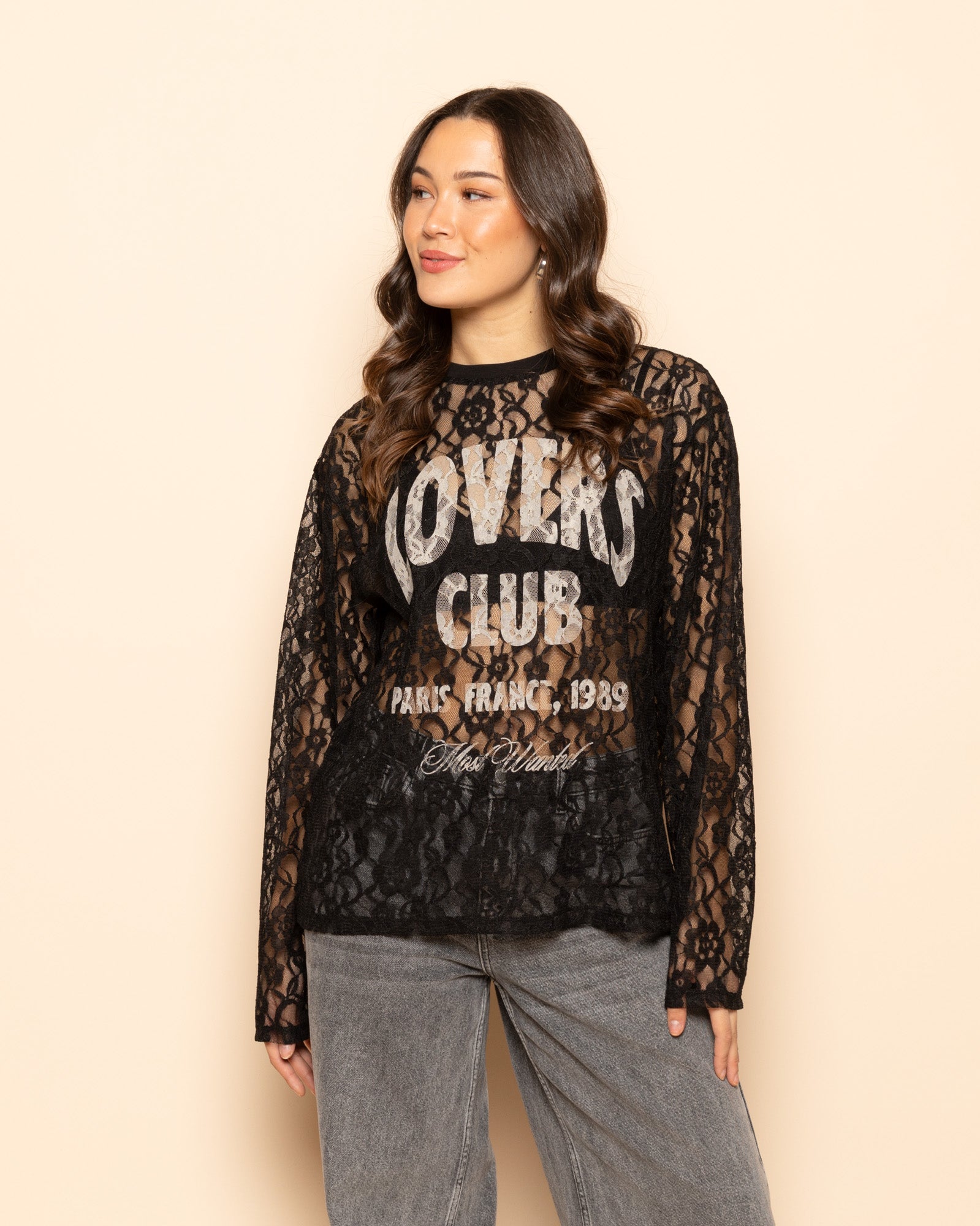 LOVERS CLUB LACE LONG SLEEVE TEE ZWART