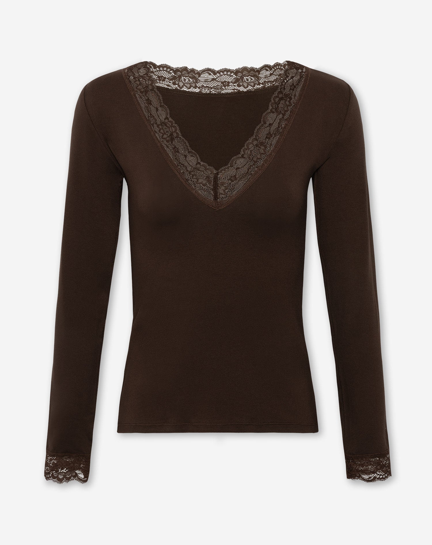 LACE VNECK LONG SLEEVE TOP BROWN