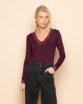 LACE VNECK LONG SLEEVE TOP DARK BURGUNDY
