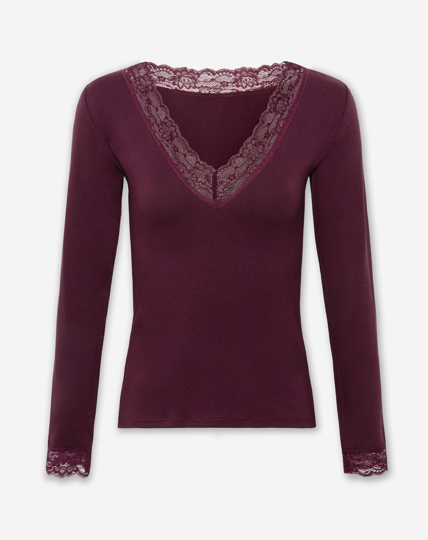 LACE VNECK LONG SLEEVE TOP DARK BURGUNDY