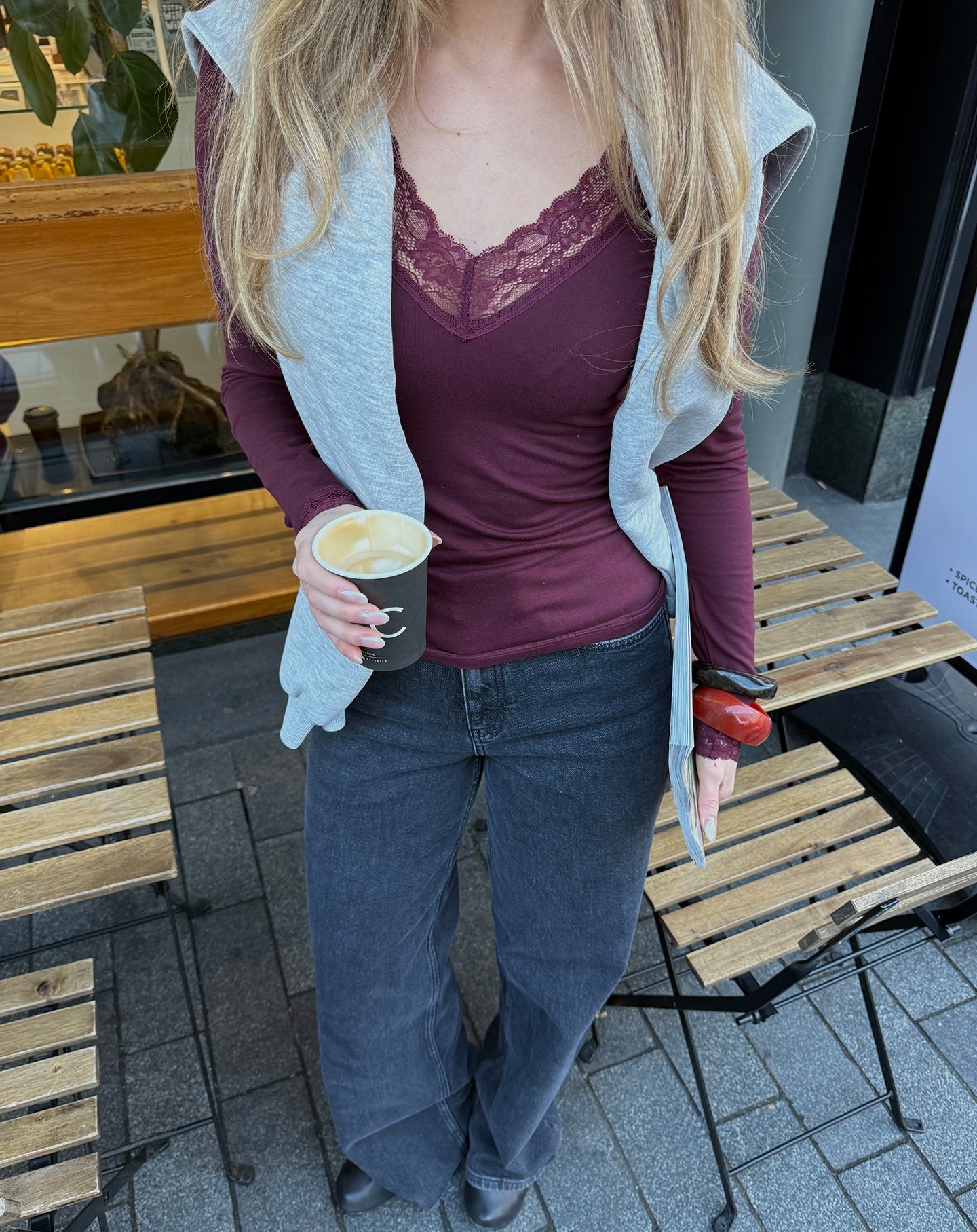 LACE VNECK LONG SLEEVE TOP DARK BURGUNDY