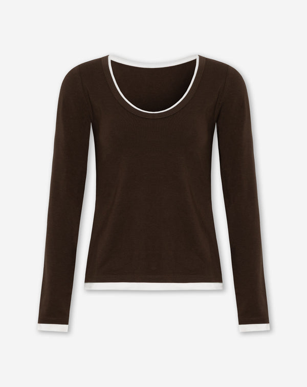 CONTRAST BINDING LONG SLEEVE TOP BROWN