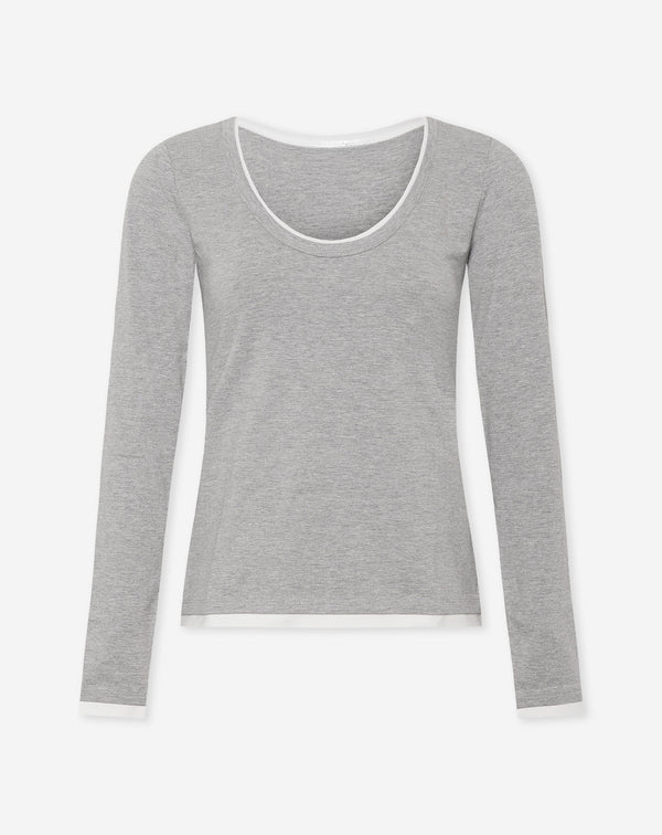 CONTRAST BINDING LONG SLEEVE TOP GREY MELANGE