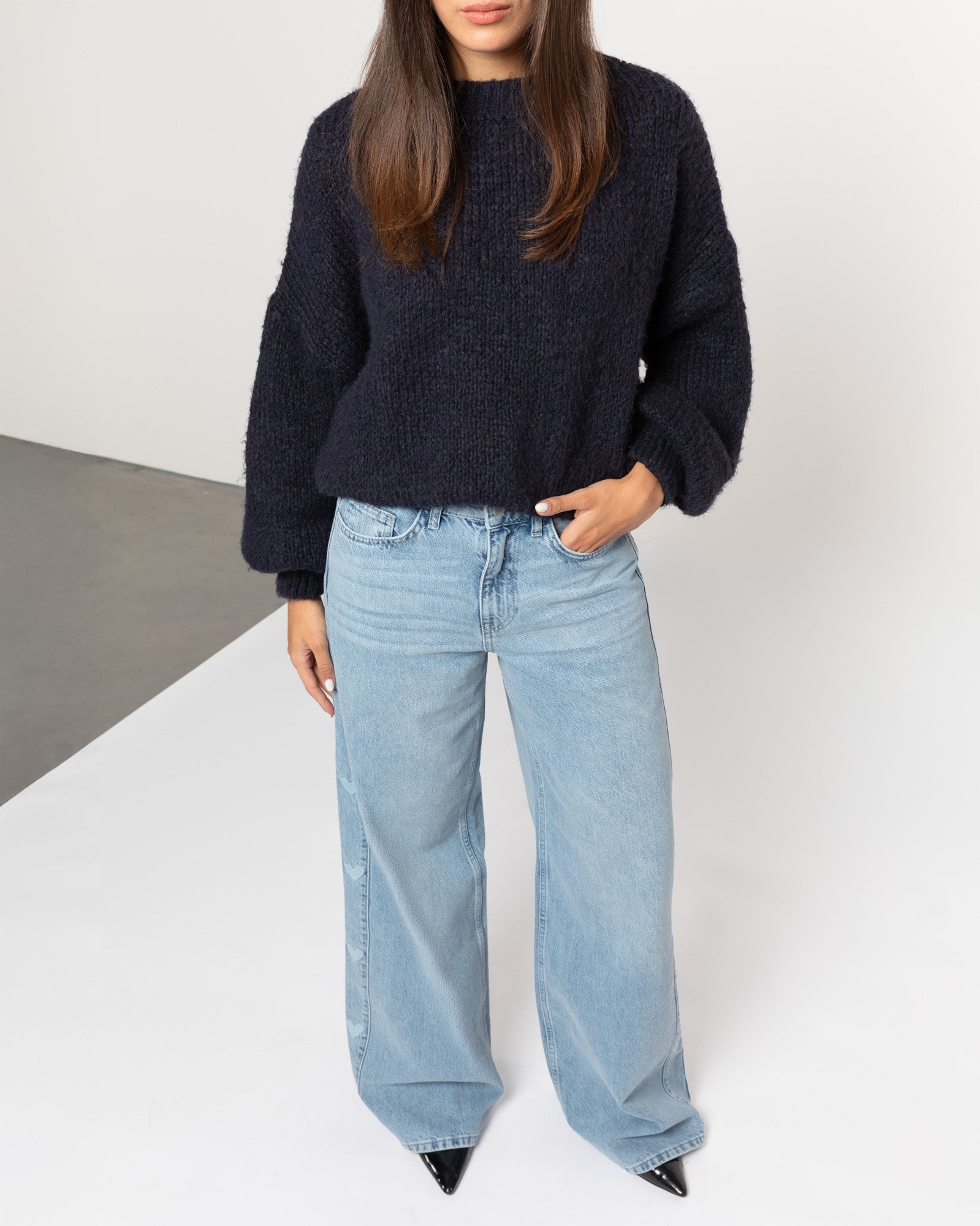 SIDE HEART WIDE LEG JEANS BLAUW