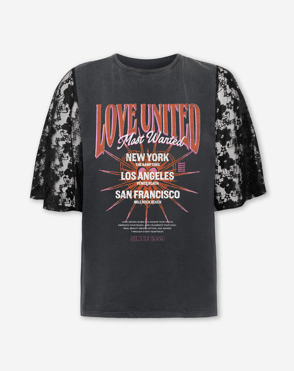 LOVE UNITED LACE SLEEVE TEE ACID GRIJS