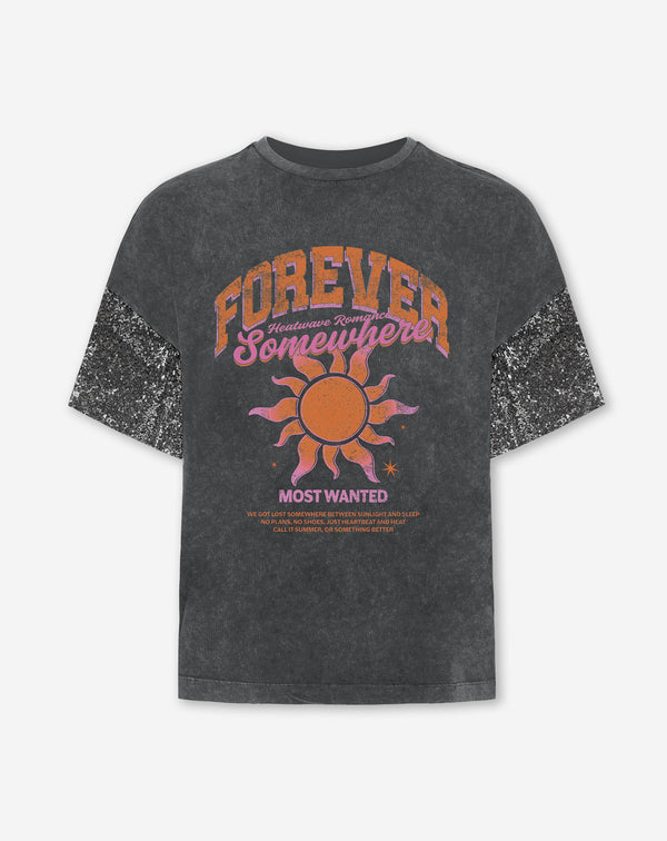 SOMEWHERE SEQUIN SLEEVE TEE ACID GRIJS