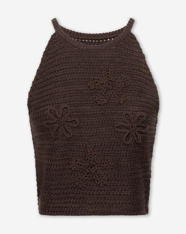 FLOWER CROCHET HALTER TOP BRUIN