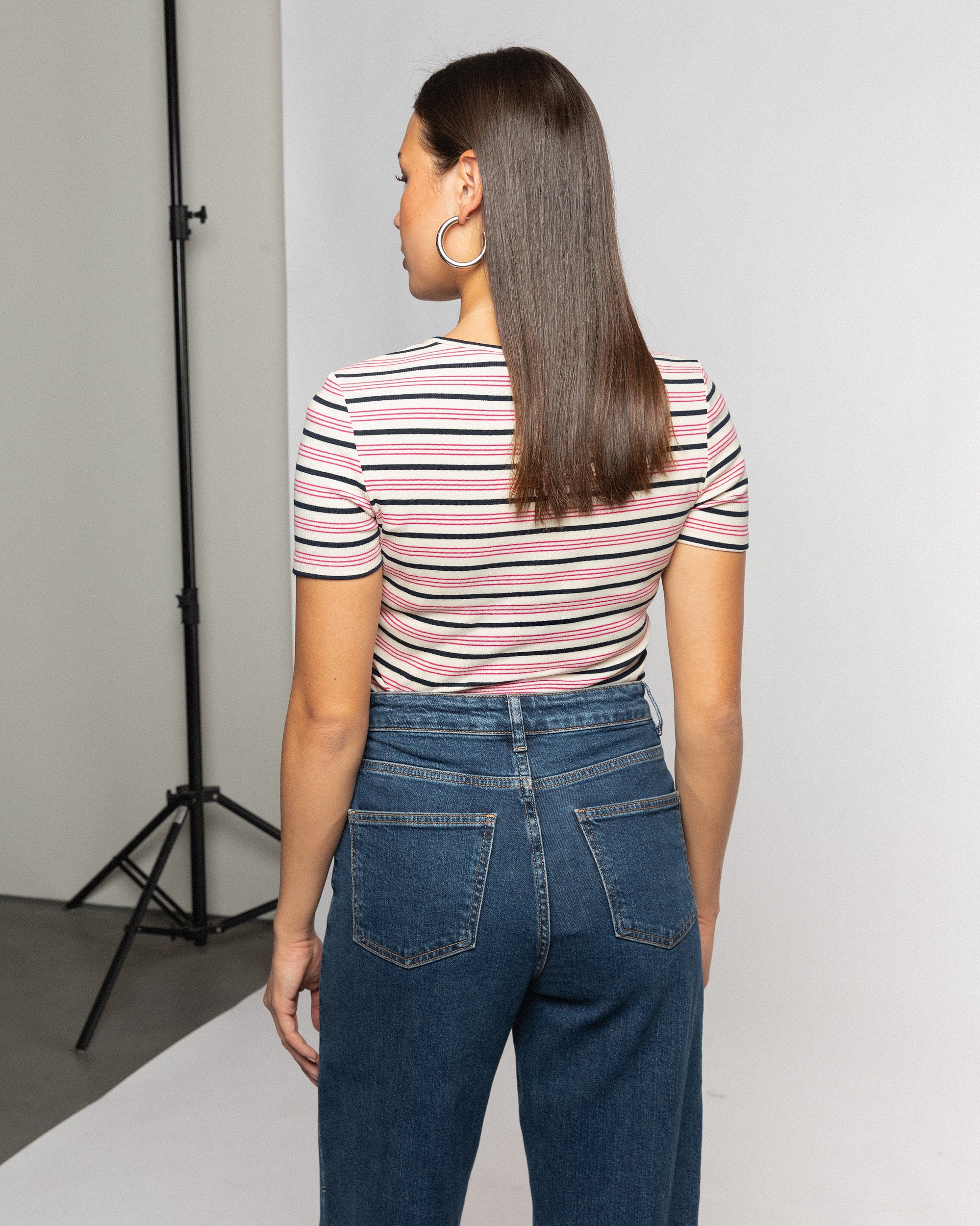 RIBBED FITTED TOP STRIPE CRÈME FUCHSIA