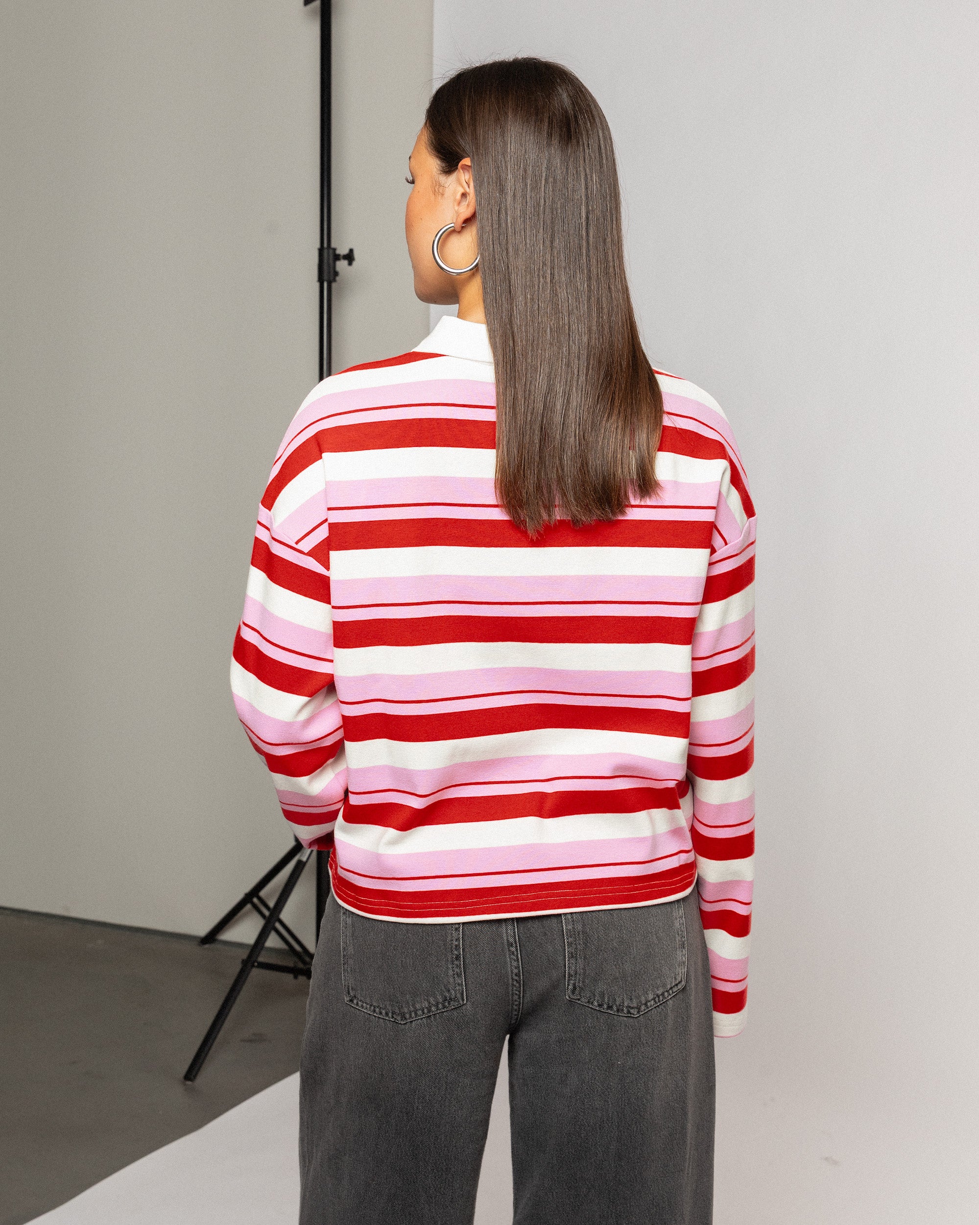 SHAYLEE STRIPED LONG SLEEVE CROPPED POLO ROOD/ROZE