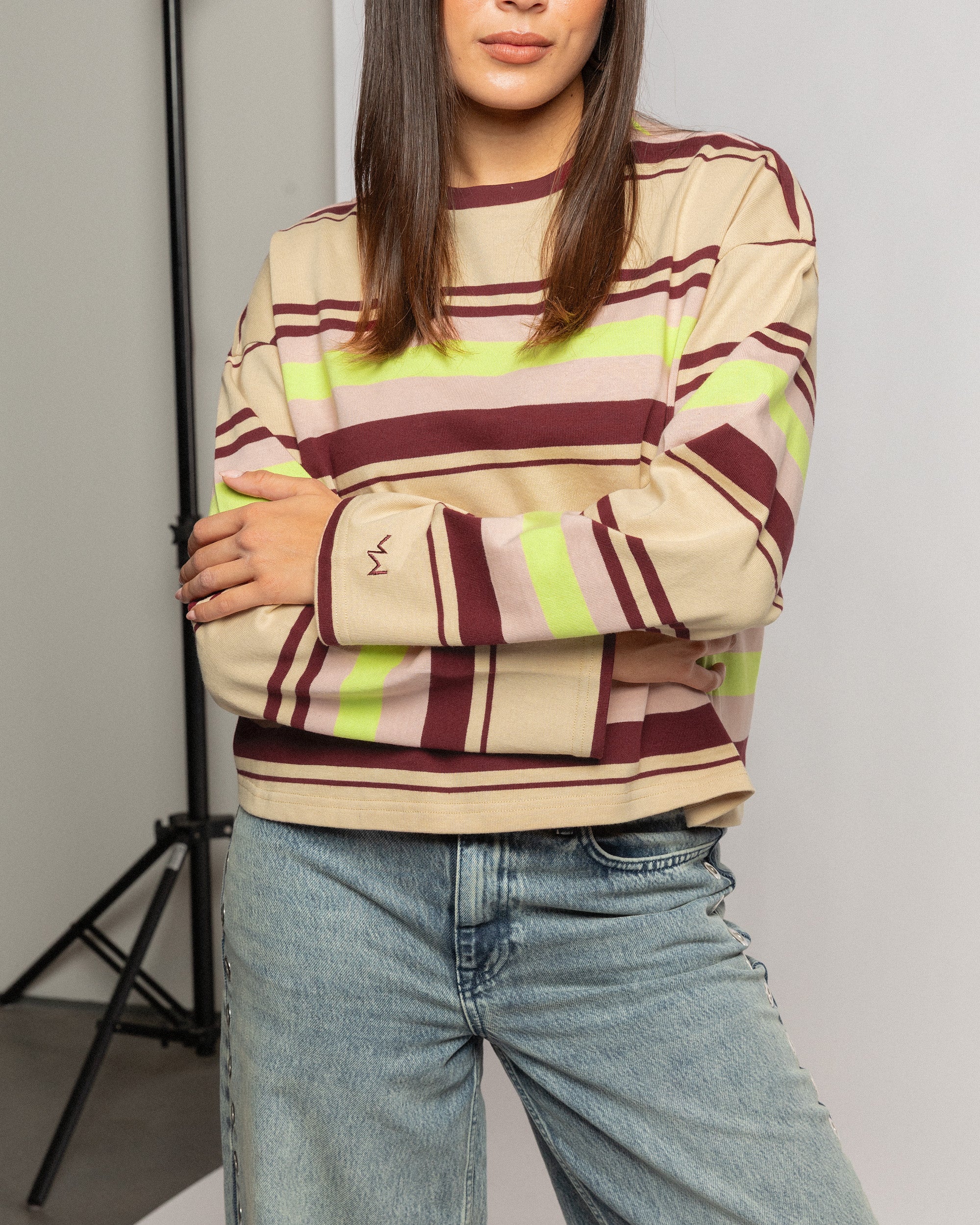 LAINA STRIPED LONG SLEEVE CROPPED TEE BURGUNDY