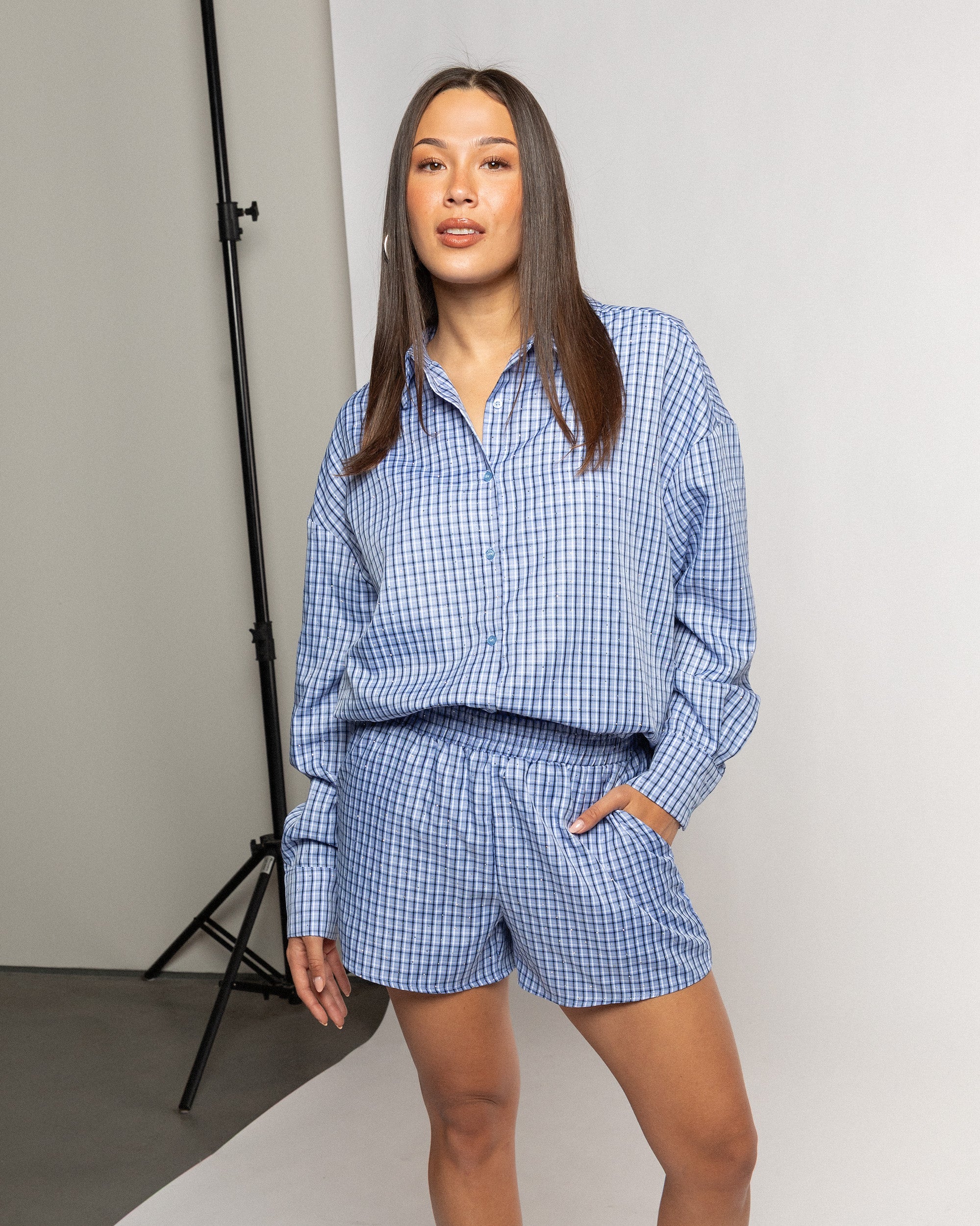 MAVIE OVERSIZED CHECK BLOUSE BLAUW