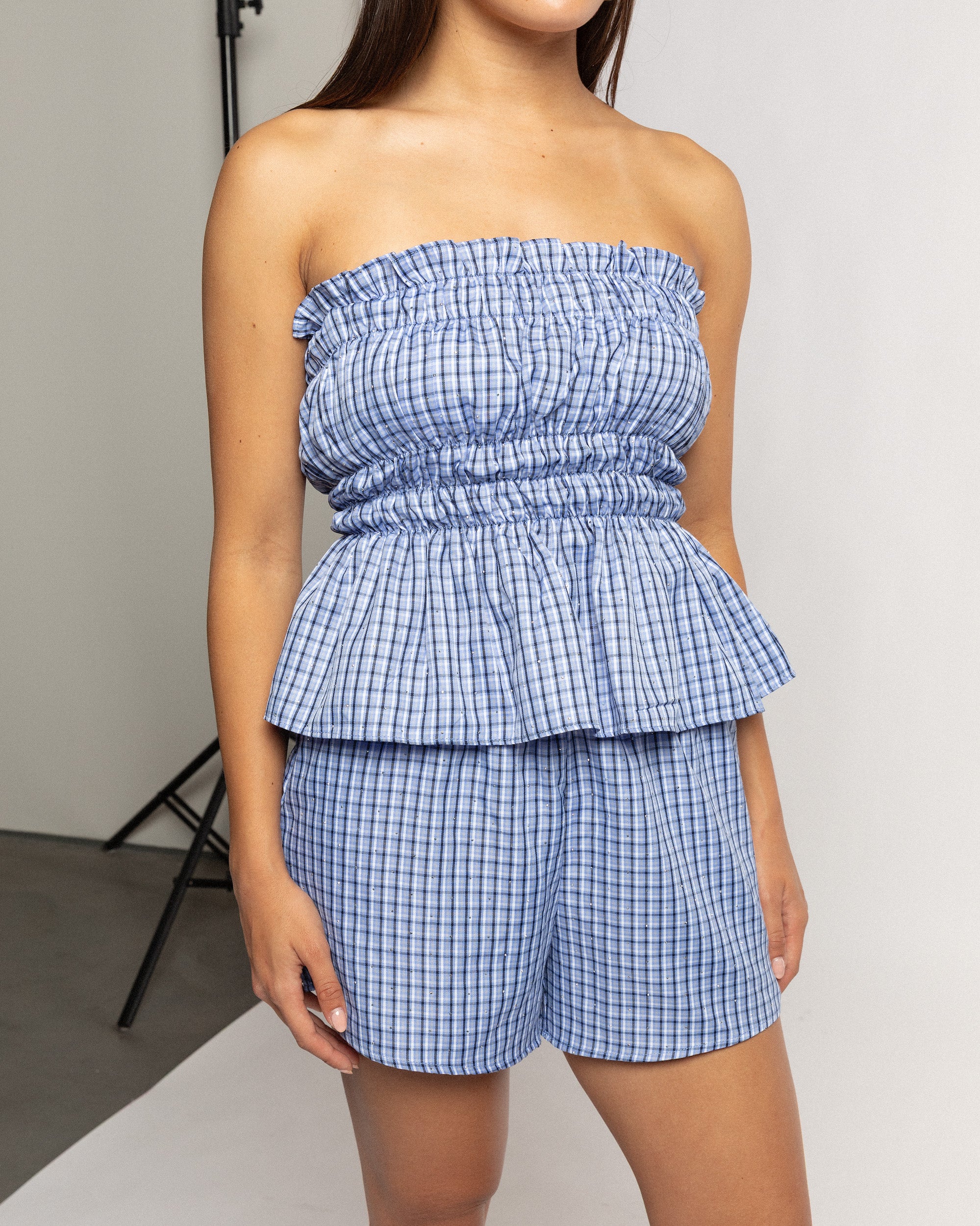 MAVIE CHECK STRAPLESS TOP BLAUW