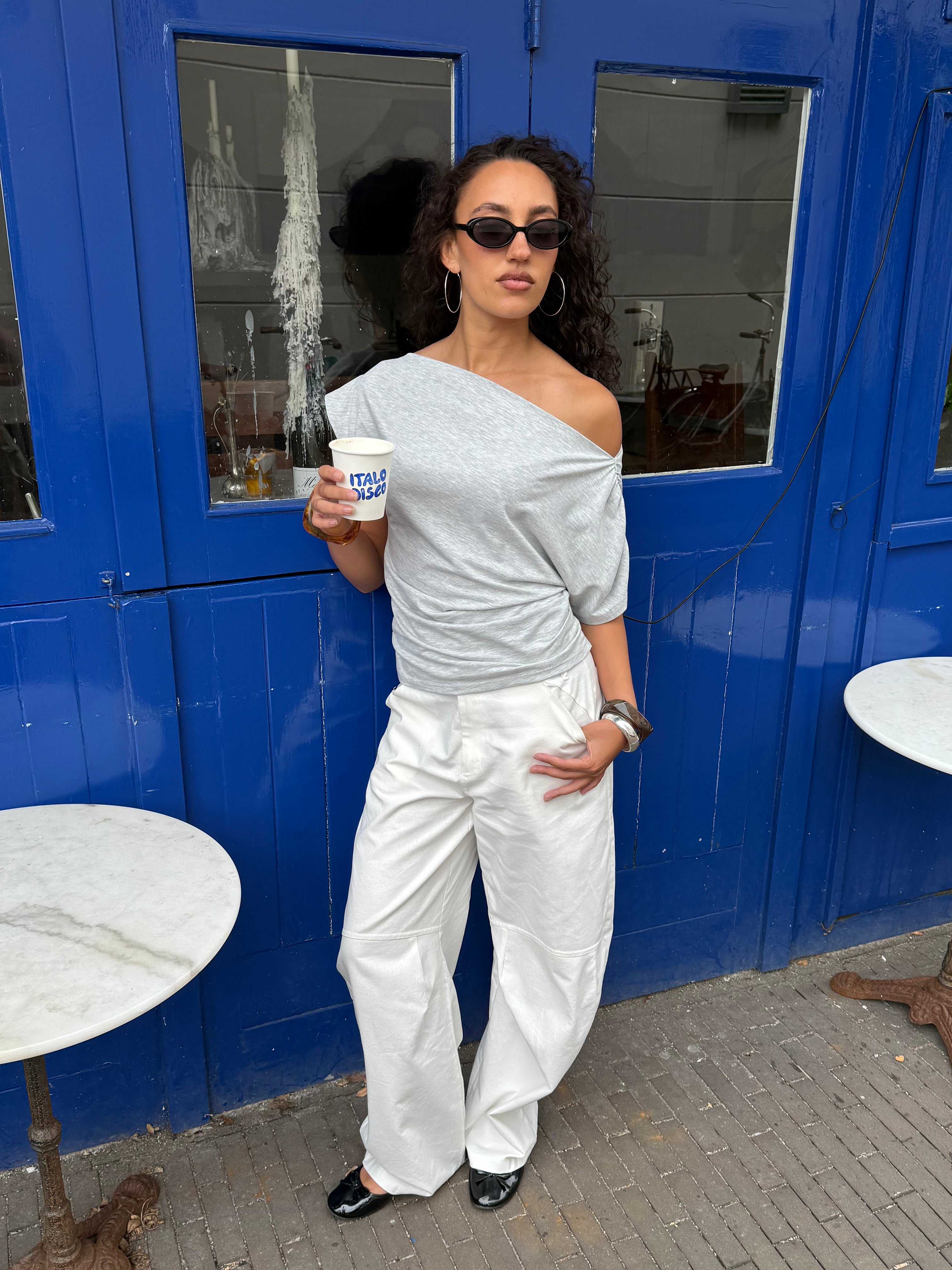 OFF SHOULDER PLEAT TOP GRIJS MELANGE | Most Wanted
