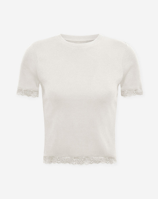 SHORT SLEEVE LACE TAPE RIB TOP CREAM