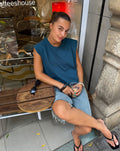 PADDED SHOULDER BUBBLE HEM TEE TEAL