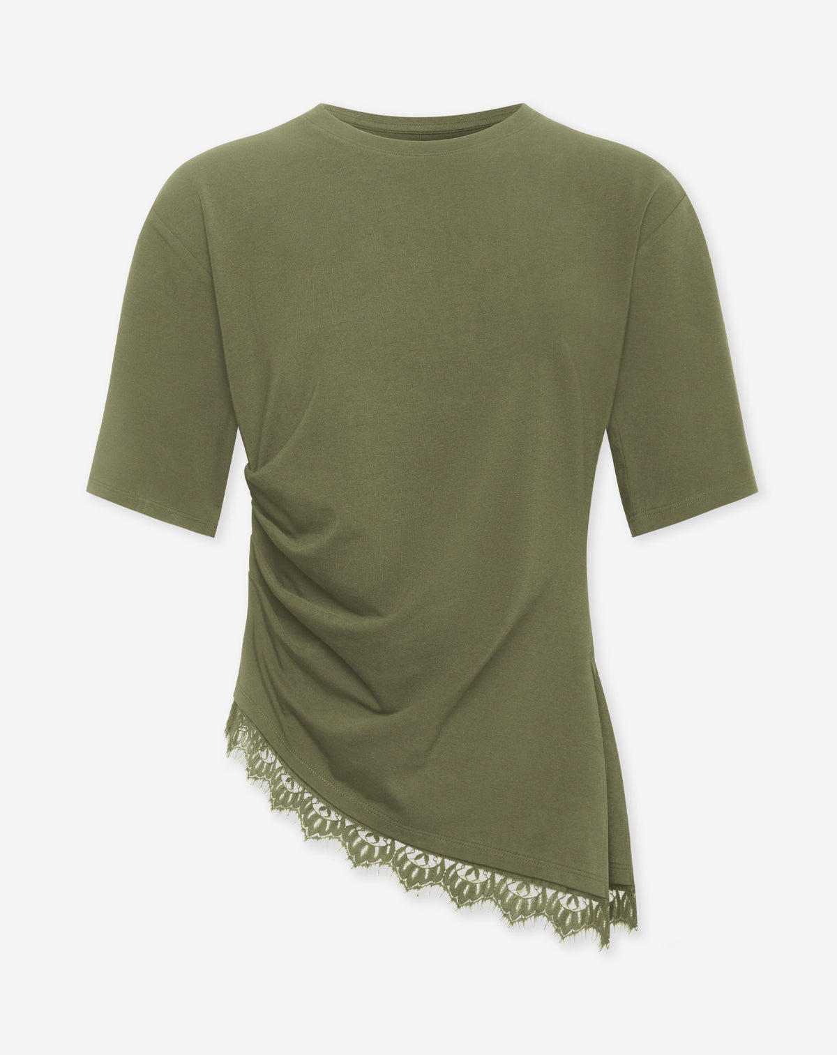 PLEATED LACE BOTTOM SHORT SLEEVE TOP DONKER OLIJFGROEN
