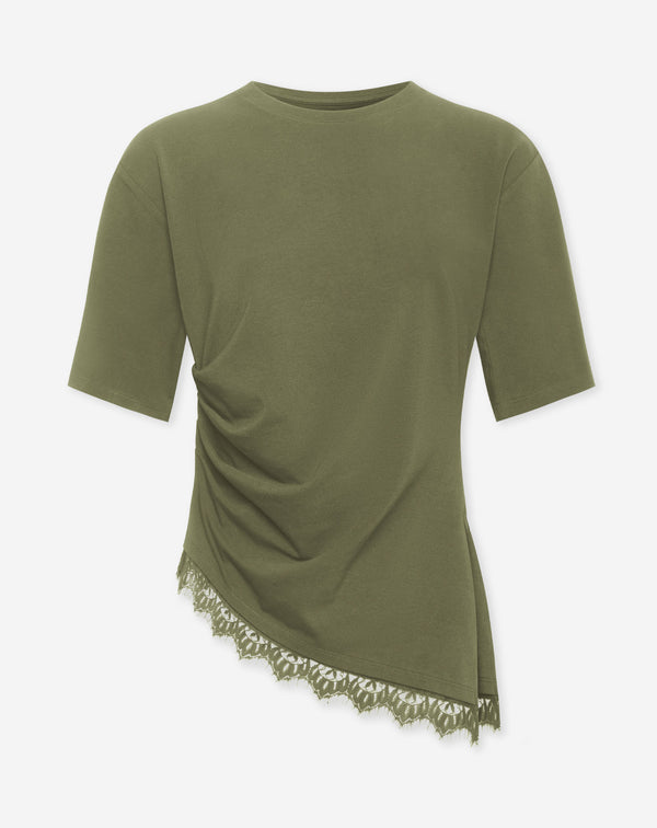 PLEATED LACE BOTTOM SHORT SLEEVE TOP DONKER OLIJFGROEN