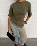PLEATED LACE BOTTOM SHORT SLEEVE TOP DARK OLIVE GREEN