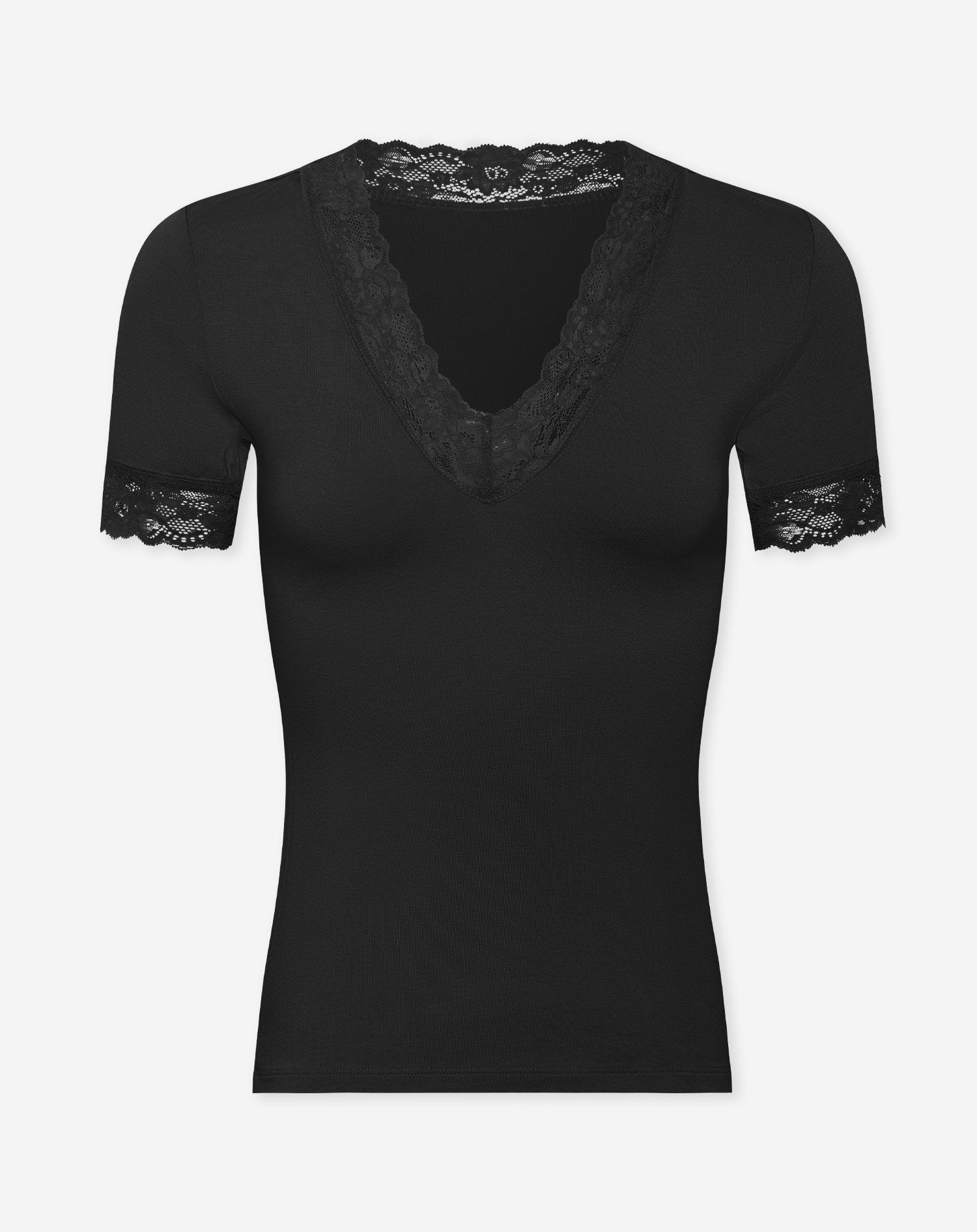 LACE VNECK SHORT SLEEVE TOP ZWART