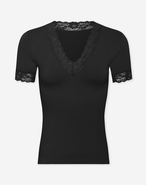 LACE VNECK SHORT SLEEVE TOP ZWART