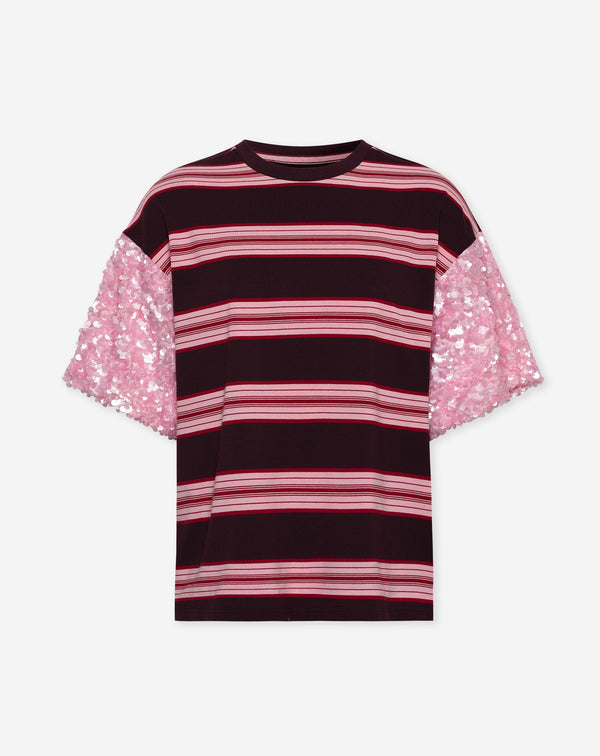 MIKI SEQUIN SLEEVE TEE STRIPED BURGUNDY