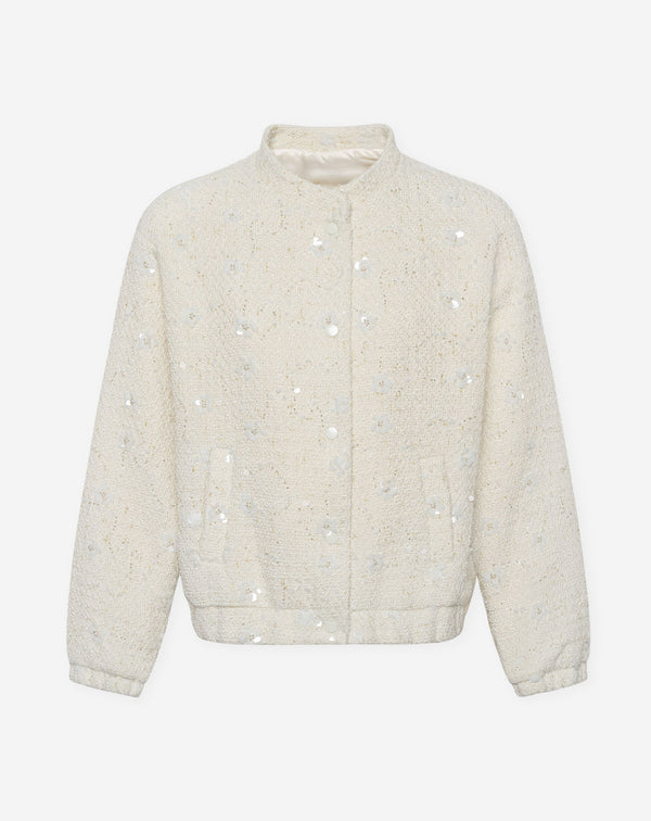 FLOWER SEQUIN BOUCLE BOMBER JACKET CRÈME