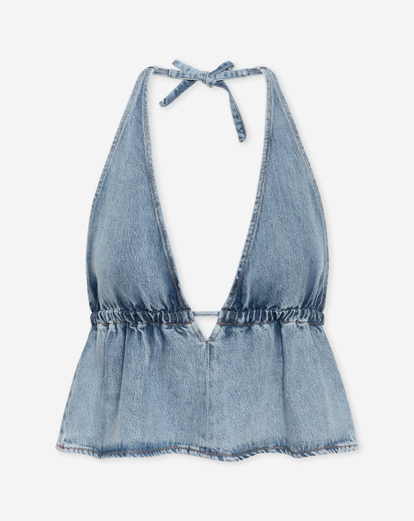 LOTTE HALTER DENIM TOP MID BLAUW