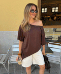 ASYMMETRIC OFF SHOULDER TEE BROWN