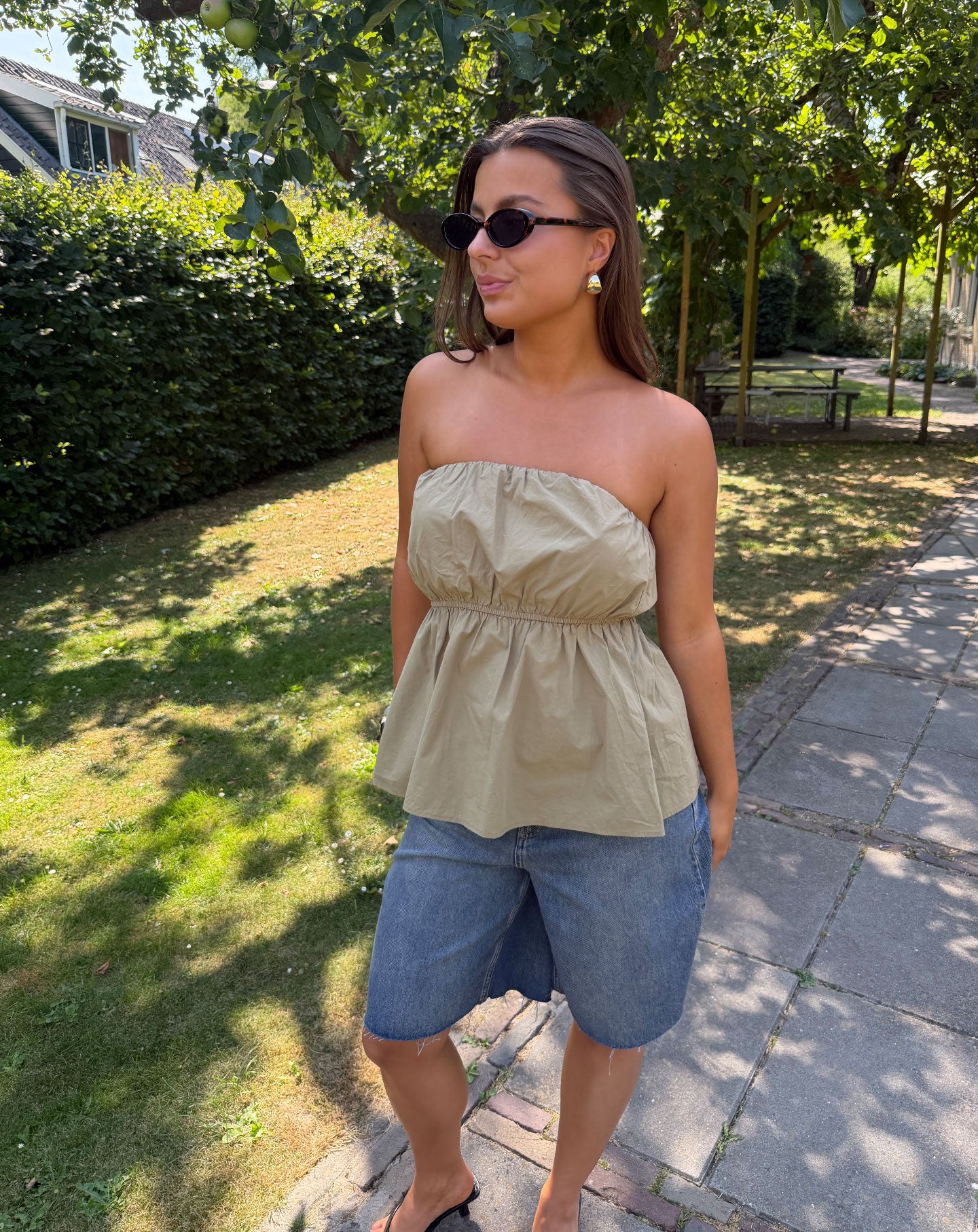 PEGGY POPLIN STRAPLESS TOP OLIJFGROEN