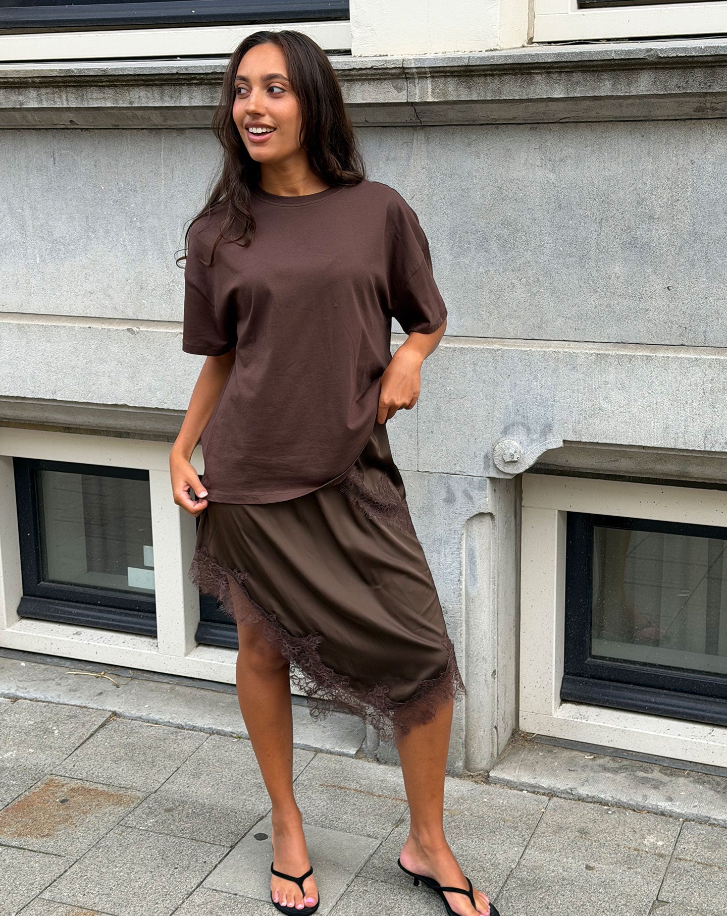 STACEY A-SYMMETRIC SATIN LACE SKIRT BRUIN