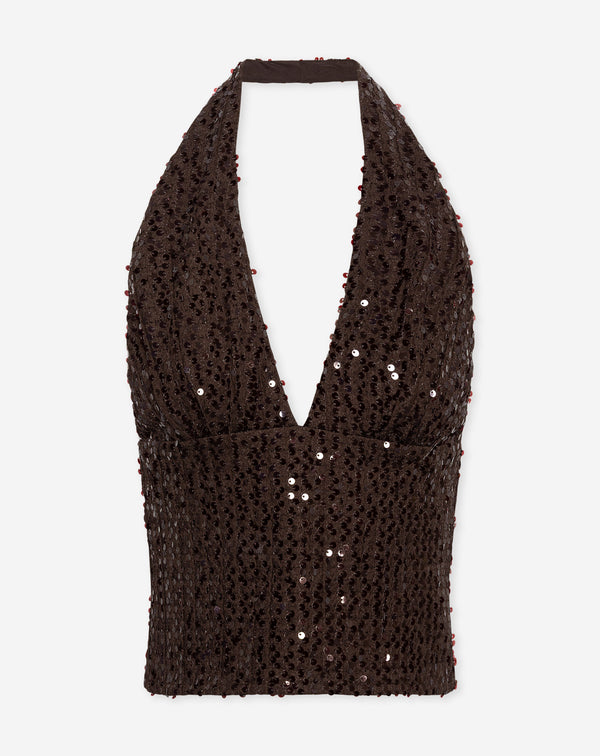 LOVA SEQUINS HALTER TOP BRUIN