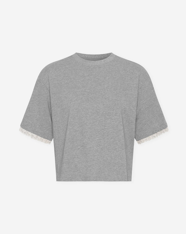 SHORT SLEEVE LACE CROPPED TEE GRIJS MELANGE
