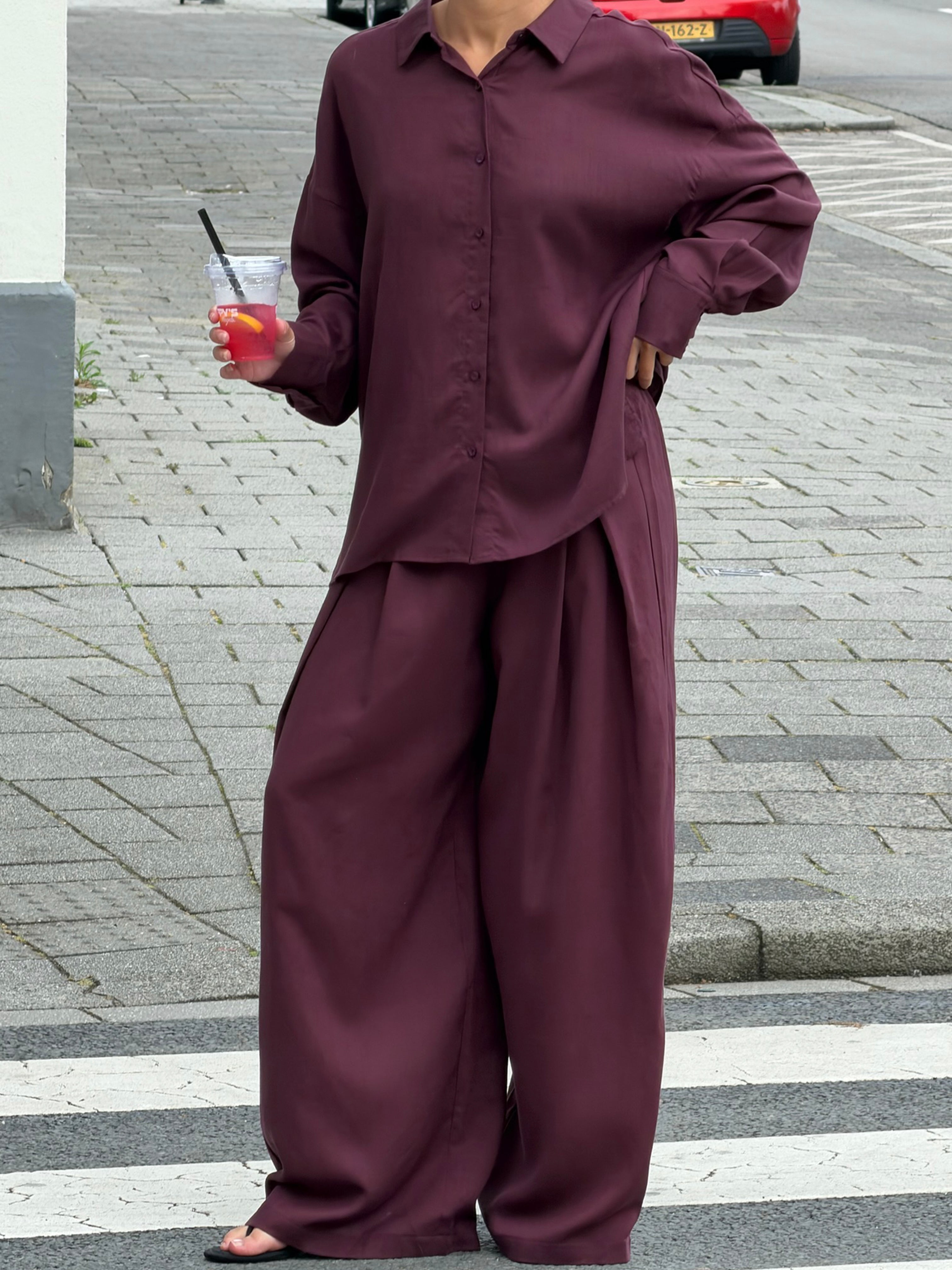RAY LINEN PLEATED WIDE LEG PANTS DONKER BURGUNDY