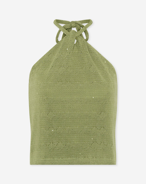 RICKY KNITTED SEQUINS HALTER TOP PISTACHE