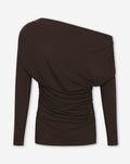 OFF SHOULDER DRAPE TOP DARK BROWN