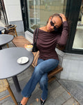OFF SHOULDER DRAPE TOP DARK BROWN