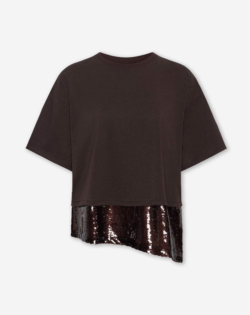 ASYMMETRIC SEQUIN BOTTOM TEE DONKERBRUIN