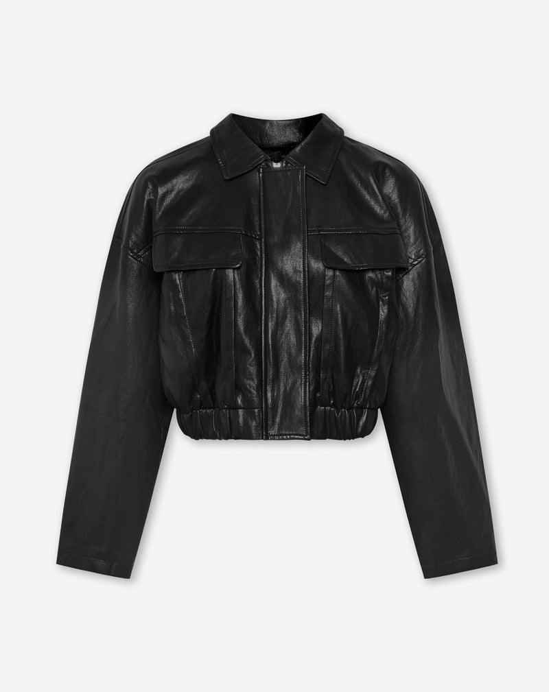 LIONA CROPPED FAUX LEATHER JACKET BLACK