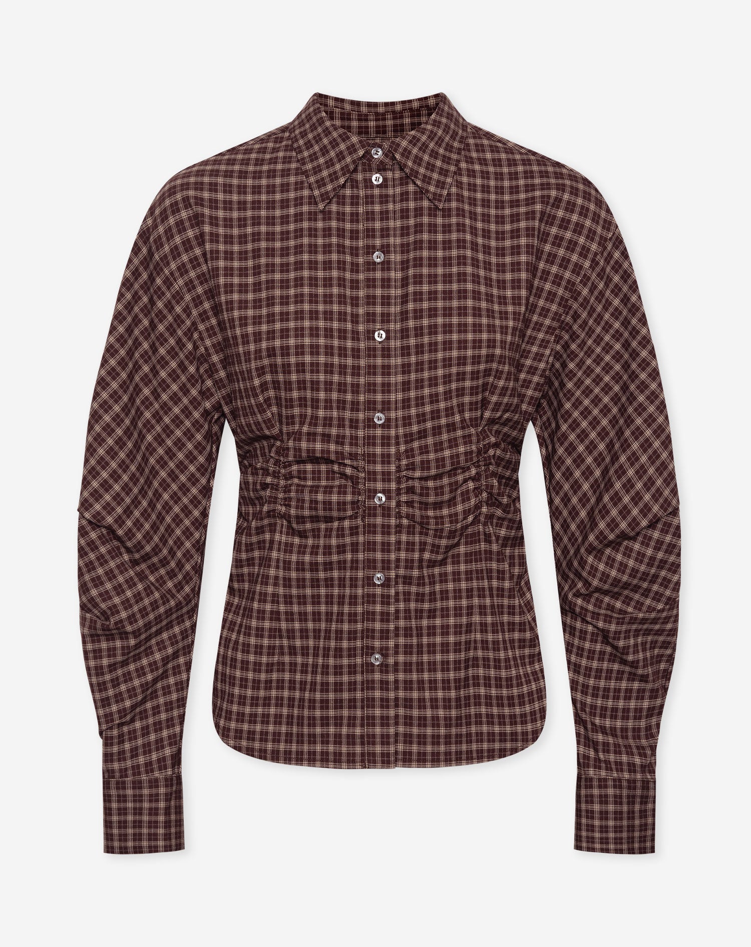 RAYA GATHERED WAIST CHECK BLOUSE BURGUNDY